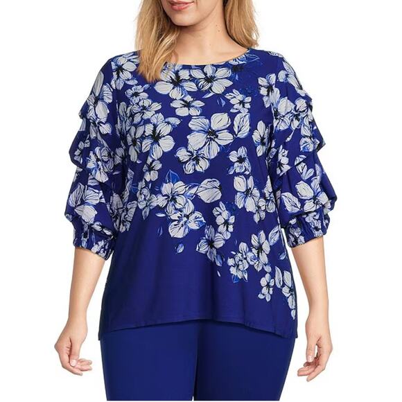 Slim Factor Investments Cascading Floral Print Tiered Sleeve Shirt Plus Size 2X - Picture 1 of 7